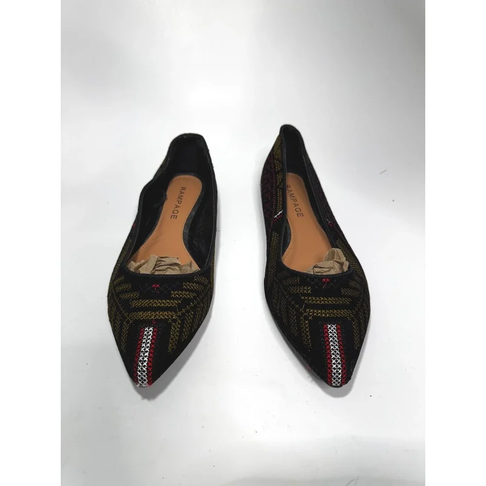 Rampage Womens Pointed Toe Flats‎ Woven Geometric Tapestry Black Gold Red Multi